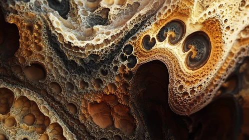 Fractal rock strata with swirling cavities in warm light.