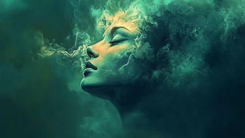 Ethereal female portrait drifts into luminous teal smoke dream