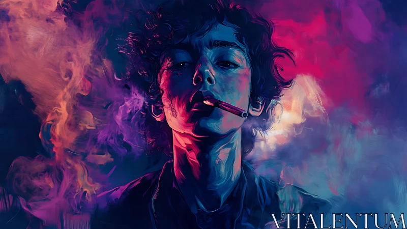 Moody neon portrait shows defiant smoker in swirling smoke