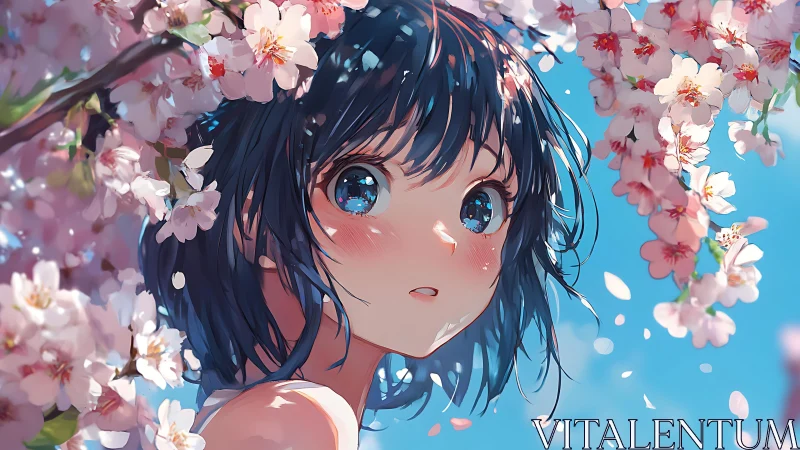 Anime girl beneath blooming cherry blossoms, blue sky.