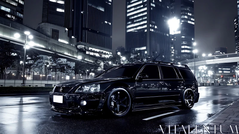 Black tuned wagon on wet city street at night.