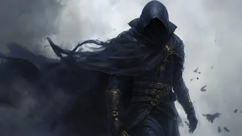 Mysterious hooded wanderer striding through stormy mist.