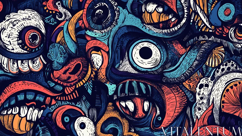 Surreal clustered monster faces rendered in dense graphic linework