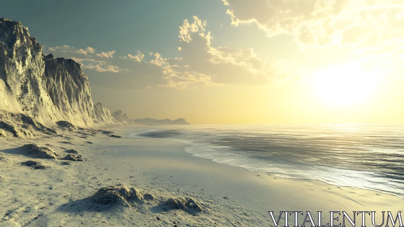 Rocky coastal shoreline under low sun over calm water.