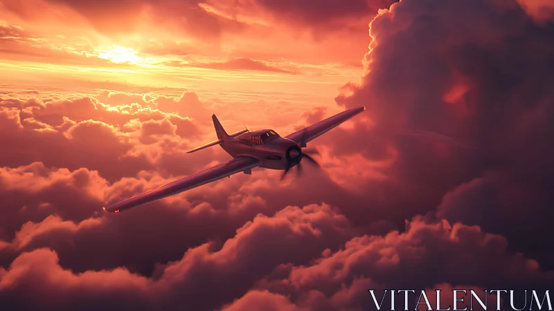 Vintage propeller plane cuts through glowing sunset clouds