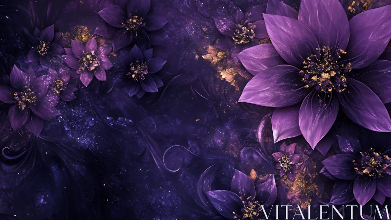 Purple fractal floral arrangement on dark textured field.