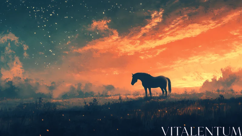 Solitary horse stands under vivid twilight sky