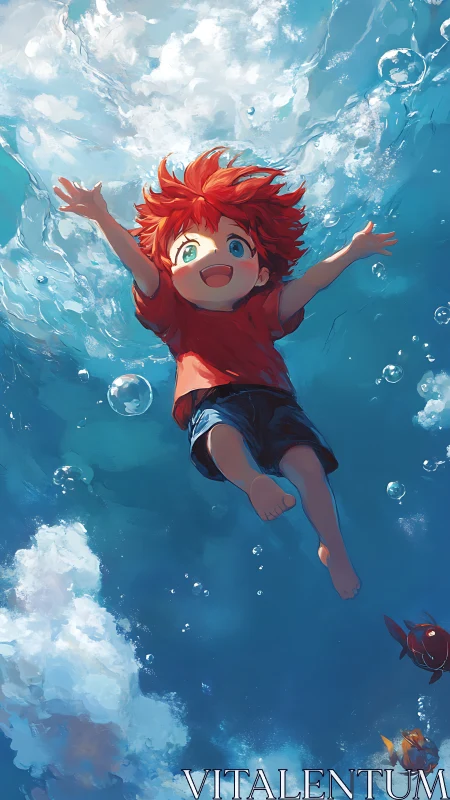 Joyful red-haired child floating in a bright blue dream pool.