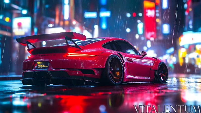 Neon-soaked red sports car idling in a rainy night city.