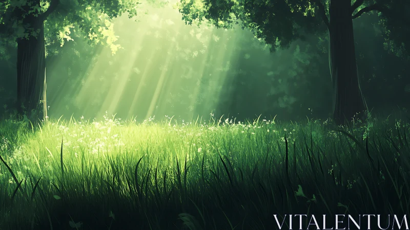 Luminous forest clearing with volumetric light rays penetrating dense canopy structure.