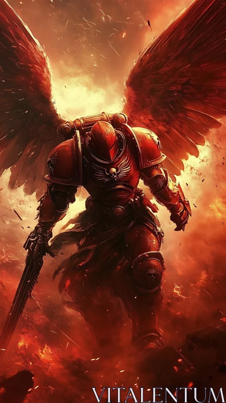 Armored winged warrior emerges through infernal firestorm blaze