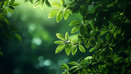 Sunlit Green Leaves in Lush Forest, Nature Photography Style.