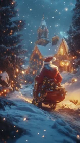 Santa hauls gleaming gifts toward snowlit chapel lane.