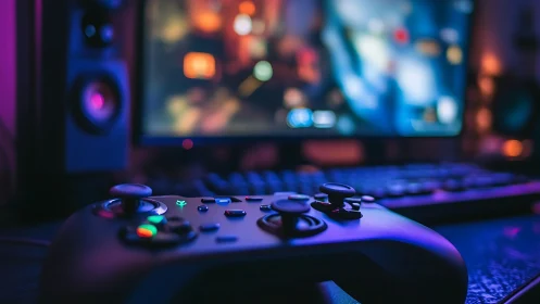 Neon-lit gamepad dreaming before a blurred digital battlefield.