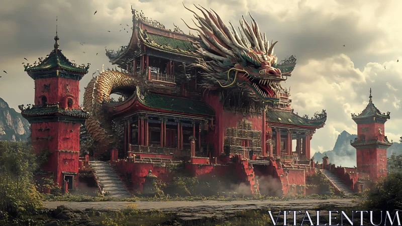 Dragon-headed red temple complex dominates mountainous landscape