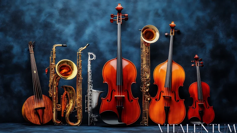 Orchestra Of Wood And Brass Posed Against Midnight Velvet.
