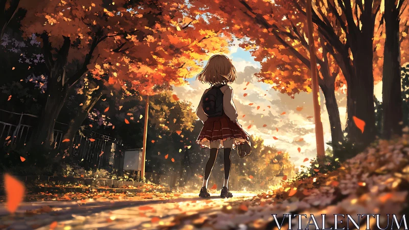 Schoolgirl on tree-lined path under orange autumn foliage.