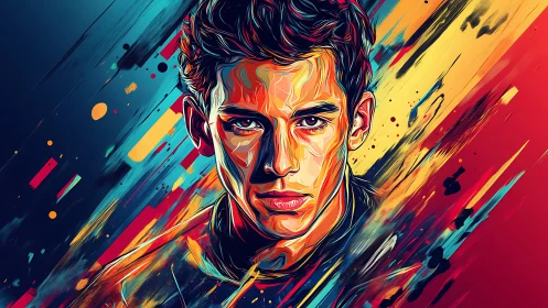 Stylized male portrait with fragmented color streaks background.