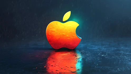 Apple logo rendered as glowing 3D icon on wet surface