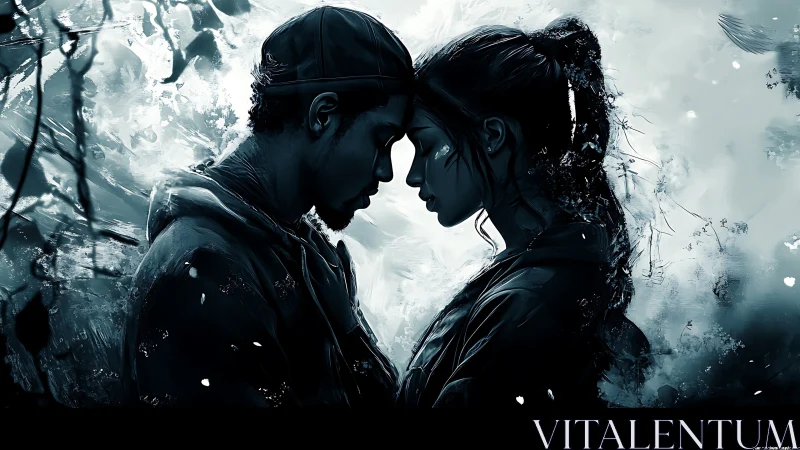 Silhouetted figures rendered with bilateral symmetry composition in grayscale atmospheric environmen