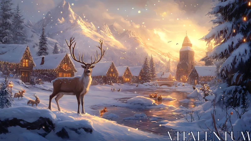 Reindeer stands in snowy village beside frozen river at dusk