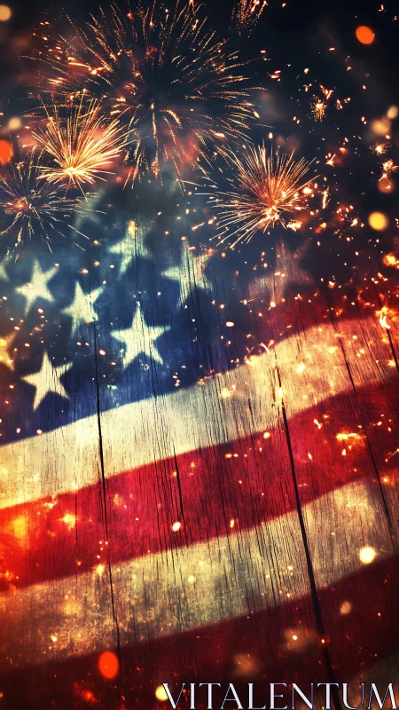 American flag on rustic wood under glowing fireworks.