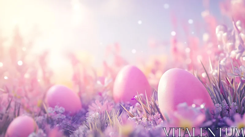 Soft pink Easter eggs glow gently in a dreamy spring meadow