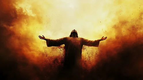 Radiant figure rising through storm of golden embers and light.