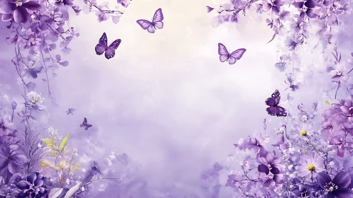 Purple floral composition with butterflies arranged across gradient background.