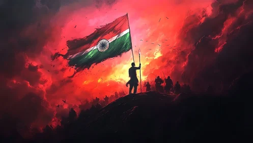 Storm-lit tricolor roars above silhouettes on the high ridge