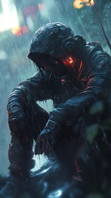 Solitary cybernetic drifter in neon rain-soaked alleyway.