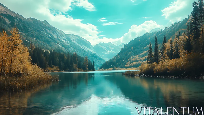 Mountain lake with forested slopes and autumn foliage reflections.