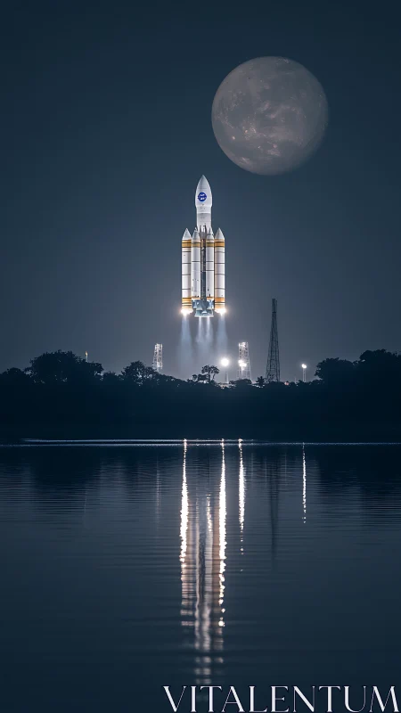 Nocturnal heavy-lift rocket ascent with enlarged lunar backdrop.