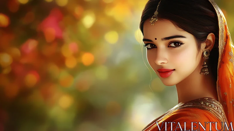 Digital portrait of Indian woman in sari with cinematic bokeh lighting