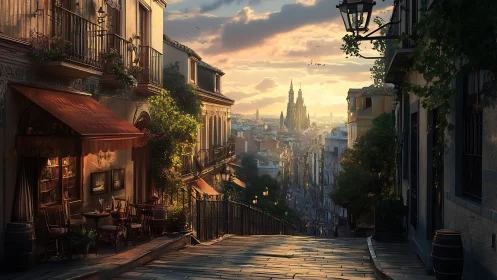 Golden hour café street descending to a storybook cathedral.