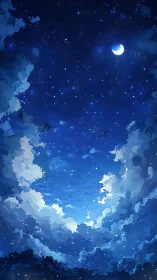 Crescent moon illuminates stratified night clouds in anime sky