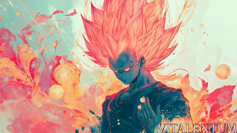 Fiery anime warrior channels cosmic power in swirling flames.