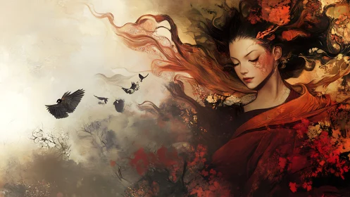 Firelit spirit merges with autumn storm of ink and crows.