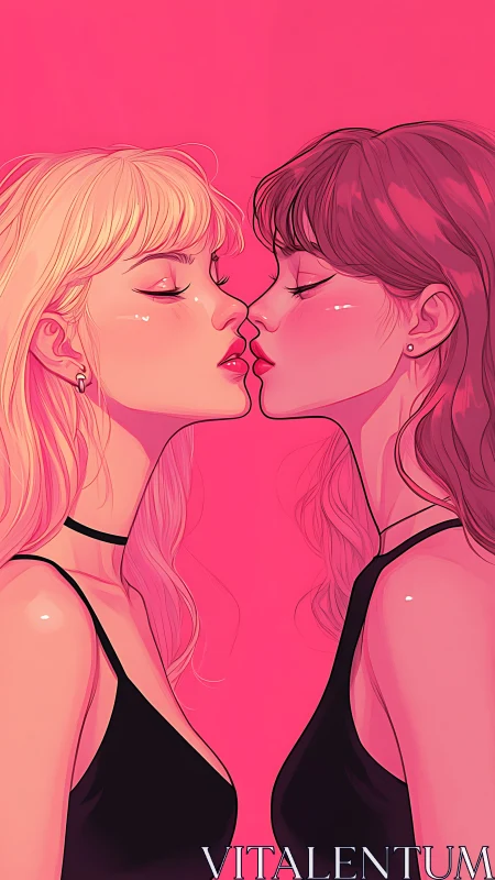 Close profile view of two women nearly kissing in pink.