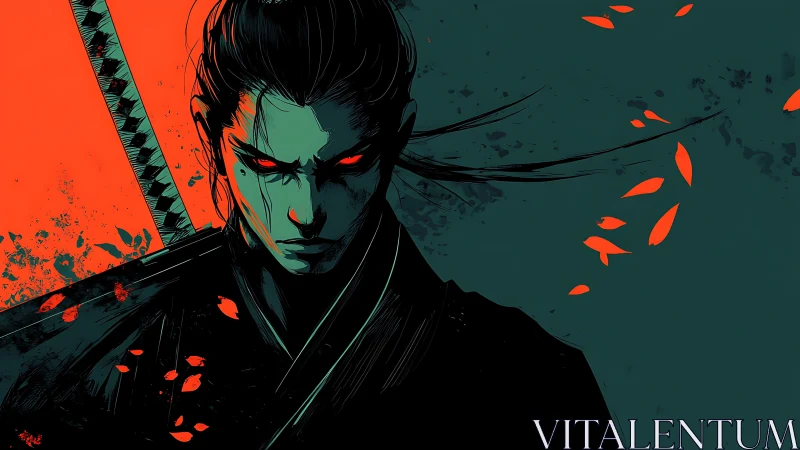 Focused samurai portrait in red and teal contrast palette.