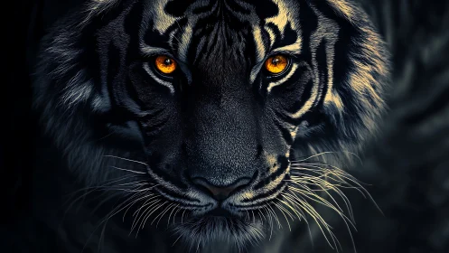 Low-key frontal tiger portrait with burning amber eyes