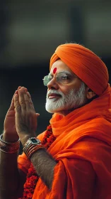 Elderly man in orange attire with folded hands in profile.