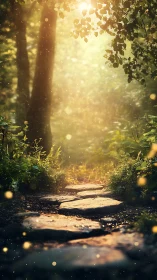 Golden light illuminates forest path with mystical particles.