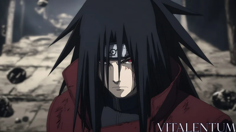 Stoic red-eyed warrior in ruined battlefield anime scene.