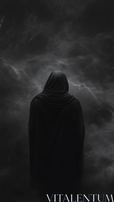Mysterious cloaked wanderer stands calm within swirling dark mist