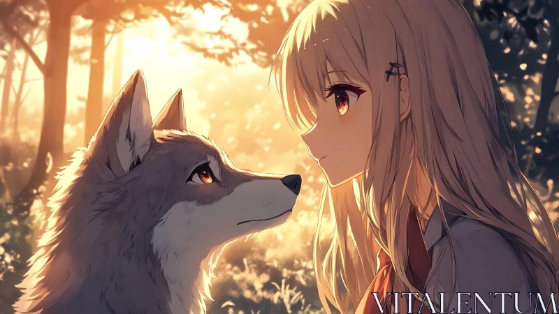 Anime girl and wolf share quiet moment in warm forest light.