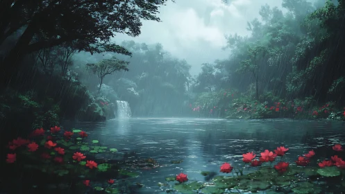 Rain-soaked jungle lagoon with scarlet lotus blooms.