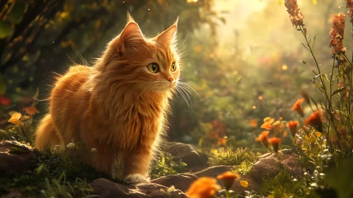 Golden Gaze: A Russet Cat's Enchanted Garden Moment