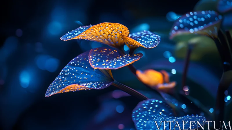 Bioluminescent leaves with crystalline dewdrops in nocturnal blue setting