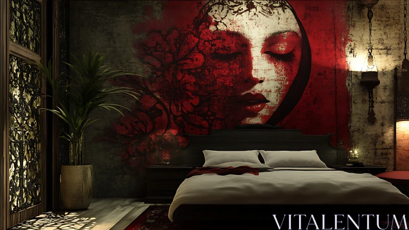 Moody bedroom with red mural and dramatic side lighting.